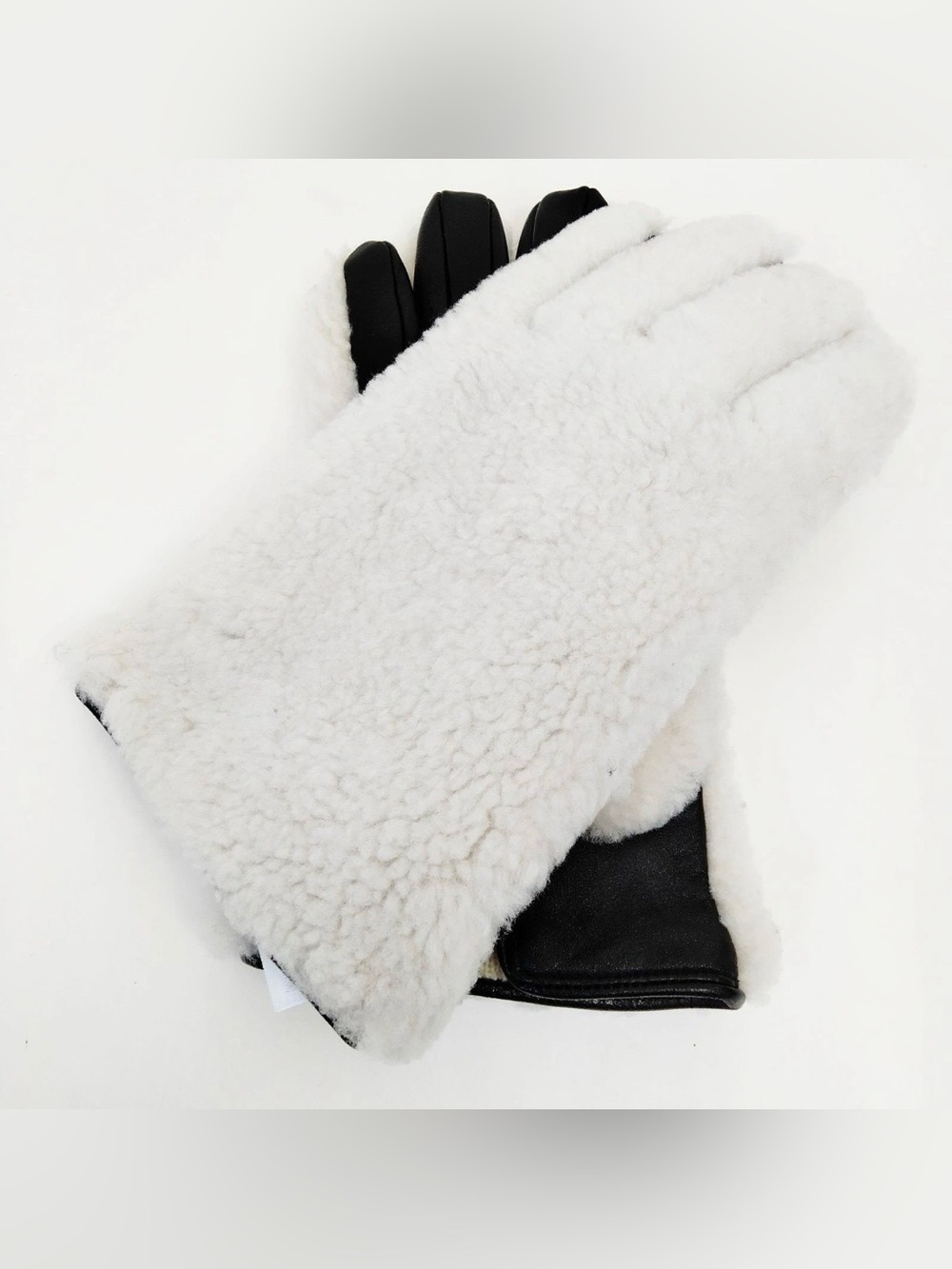 Authentic Dior White Sherpa Curly Fur Gloves with Black Leather Palms Size L